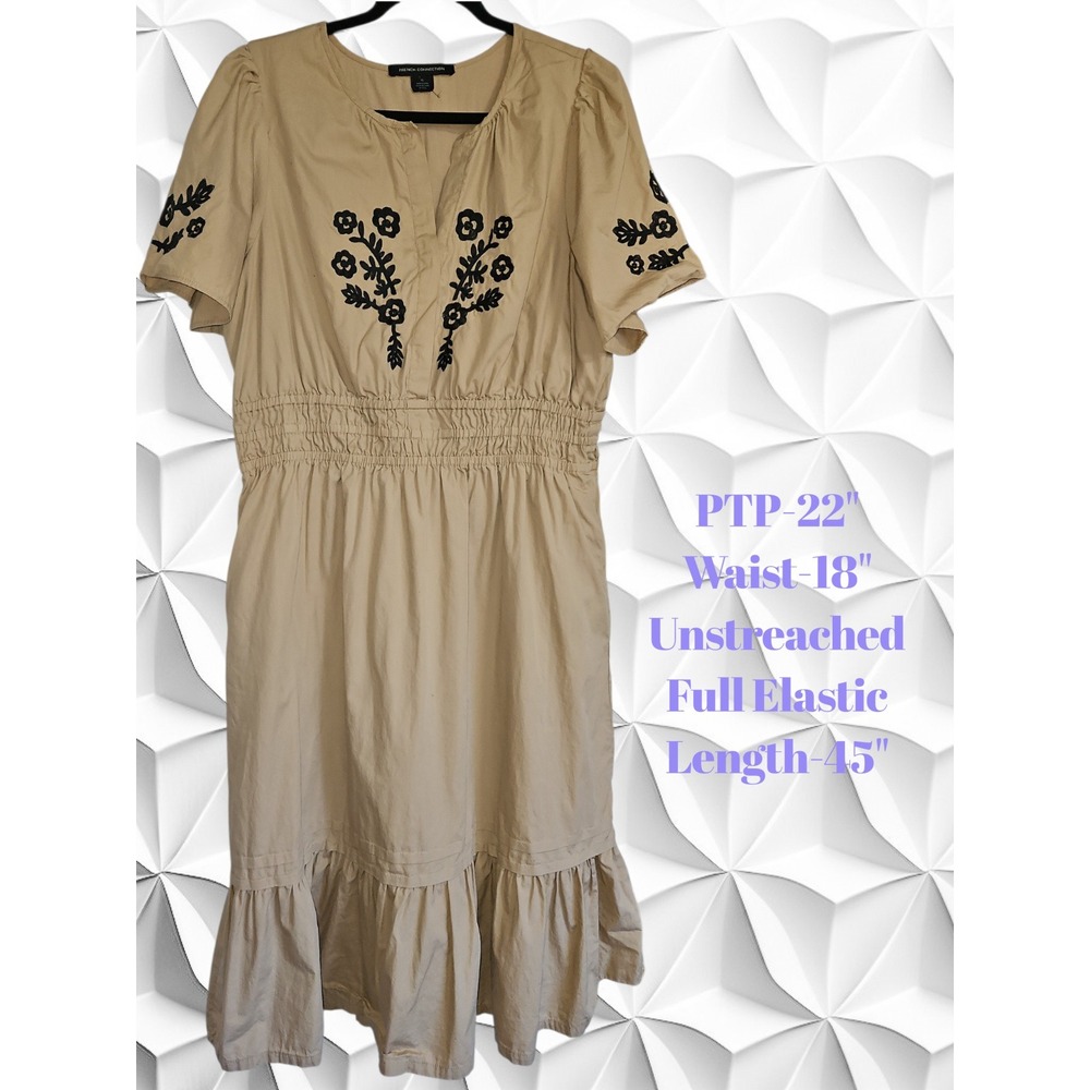 French Connection Embroidered Cotton Midi Dress Tan Khaki Smocked Waist XL
